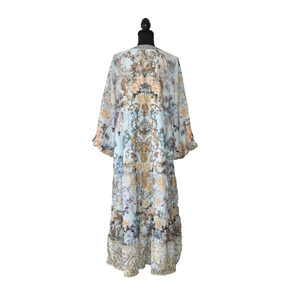 A5 NEW SOFT SURROUNDINGS Pastel Blue Floral Print Beaded Baroque Maxi Dress Sz L